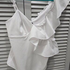 Express White 1-Shoulder White Ruffle Body Suit